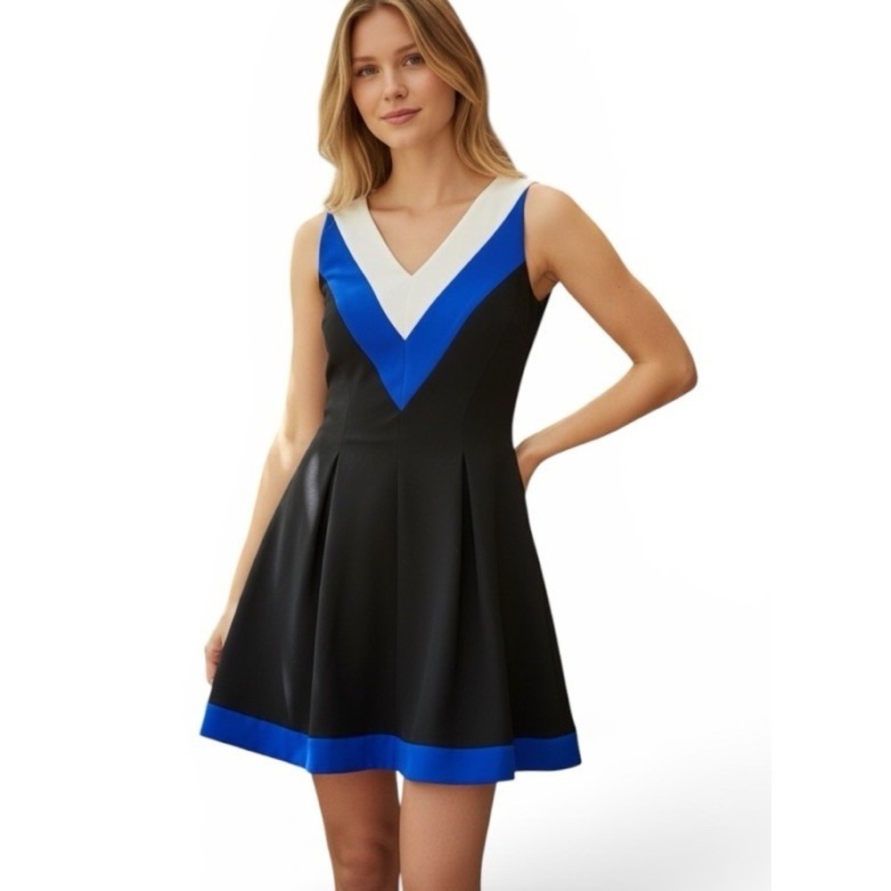 H&M Fit Flare Dress Womens 12 Black Blue White Colorblock Cutout Back Cheer Lead